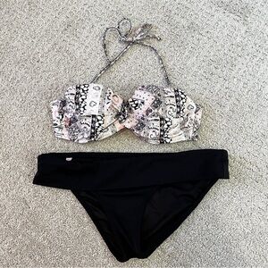 Victorias Secret Foldover Bikini Black Pink Sz 34C / M Convertible Cheeky Padded